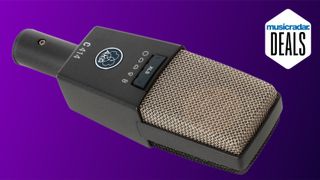 An AKG C414 condenser mic on a purple background