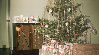 Vintage photo of a Christmas tree in a home