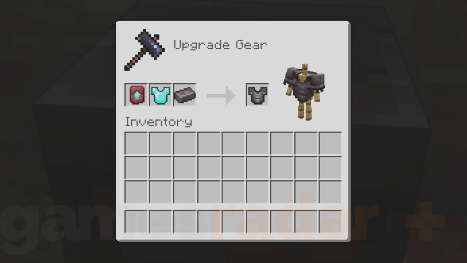 The Smithing Table UI showing a diamond chest piece being turned into Minecraft Netherite armor.