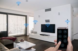 Smart living room with floating WiFi icons