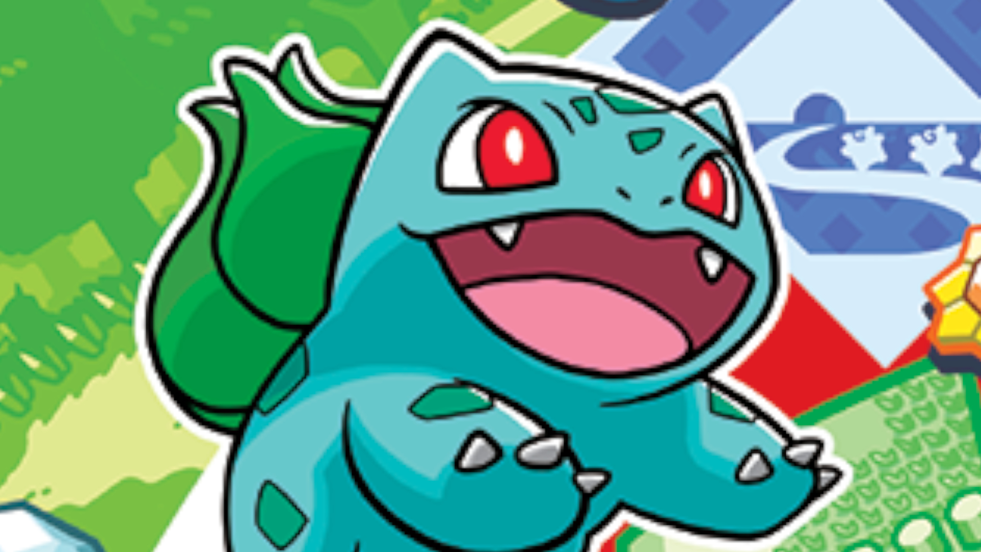 Bulbasaur leaps forward with a smile against a colorful background