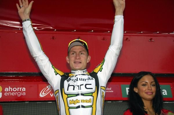 Andr&eacute; Greipel on the podium for winning the Vuelta's fourth stage in Li&egrave;ge, Belgium.