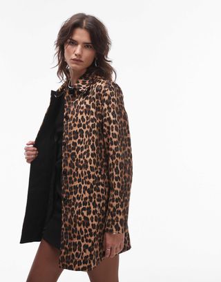 Mango Oversized Leopard Print Coat in Brown