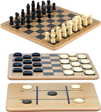 Reversible wooden board for Chess, Checkers, and Tic-Tac-Toe: $14.99 at Amazon