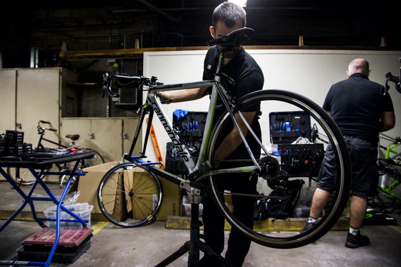 Mechanics prepare bikes at Cannondale-Garmin's Aspen gathering