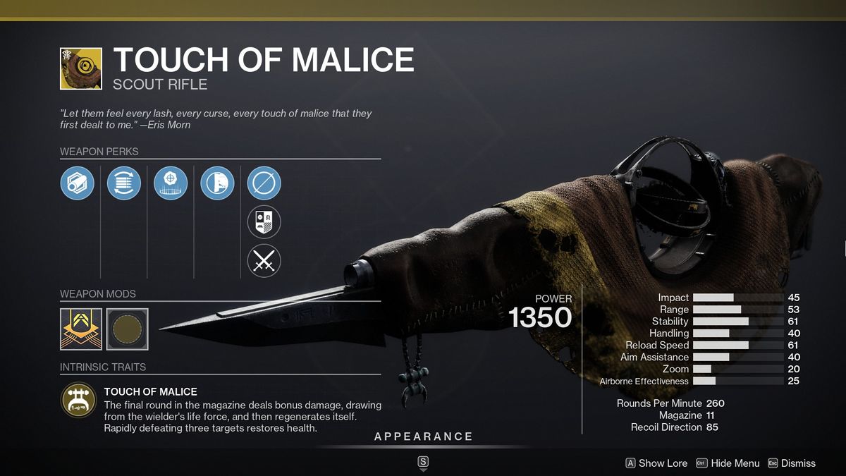 Destiny 2 Touch of Malice in its weapon screen