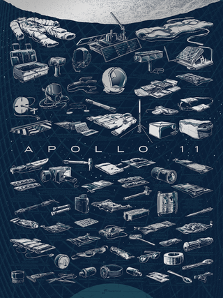 This illustrated poster by Rob Loukotka features a list of more than 200 items taken to the moon on Apollo 11, and 69 illustrations of those items. 