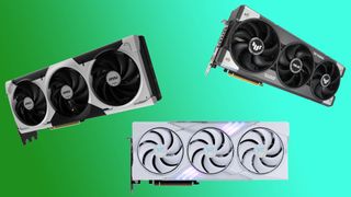 Three RTX 5090 graphics cards (from Asus and MSI) on a green and blue background