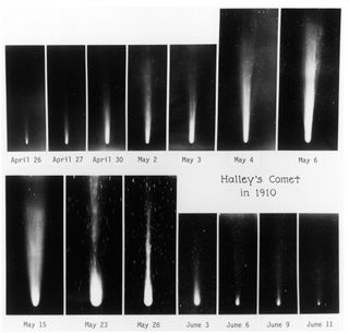 These images show Comet Halley as it was photographed on various dates in 1910 from Diamond Head, Hawaii, by Ferdinand Ellerman. The points or short streaks are background stars.
