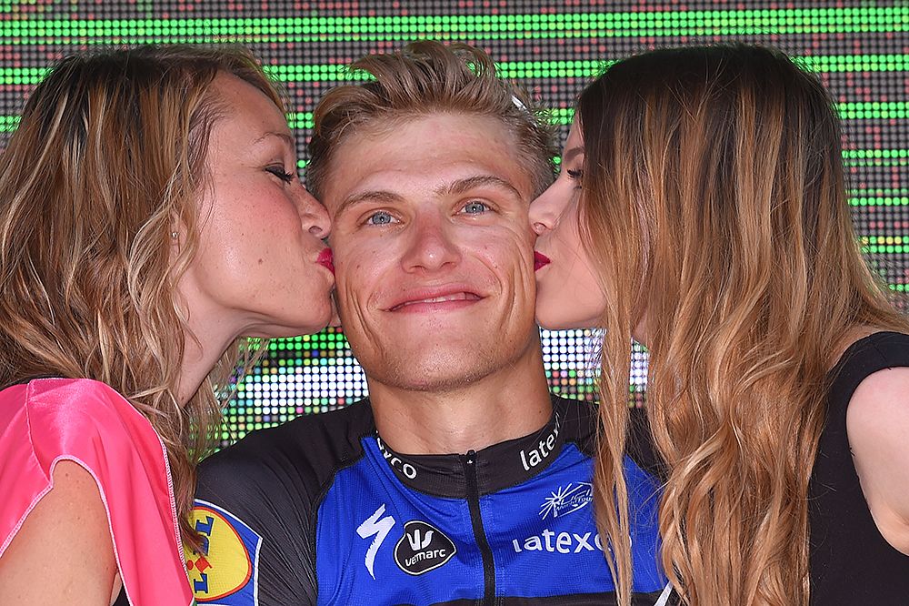 Marcel Kittel (Etixx-QuickStep) takes the top step on the podium in stage 2 at the Giro d'Italia