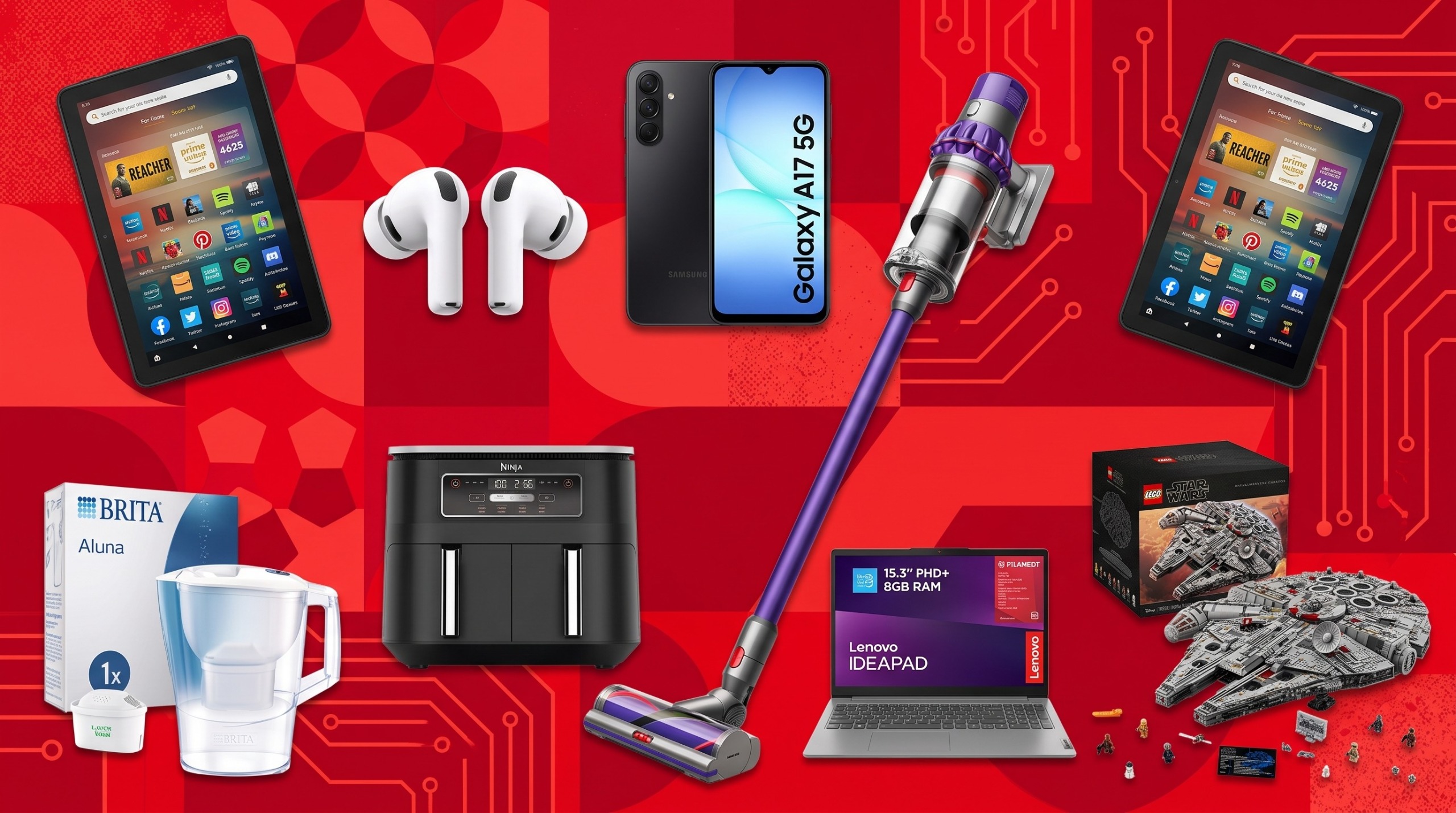 A collage of tech deals from the latest Argos Big Red sale, including an Amazon tablet, AirPods, Galaxy phone, Dyson vacuum, Lenovo laptop, Lego Star Wars set and Ninja air fryer