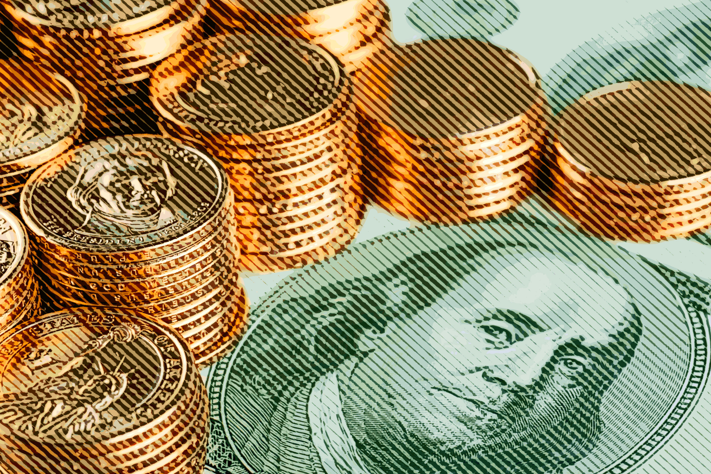 hundred dollar bill with stacks of gold coins on top