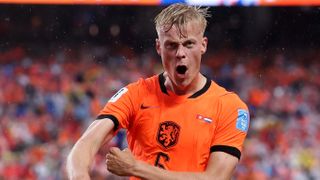 Jan-Paul van Hecke of Netherlands celebrates scoring his team's third goal during the FIFA World Cup 2026 Group F match against Tunisia at Kansas City Stadium on June 25, 2026 in Kansas City, Missouri
