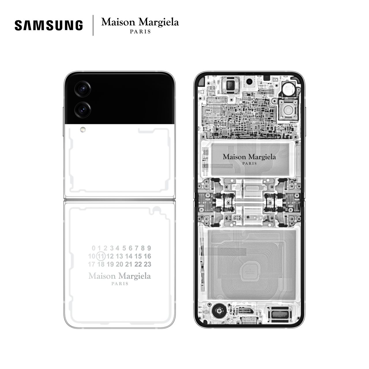 The Samsung x Masion Margiela Galaxy Z Flip 4 on a white background, showing its internal components