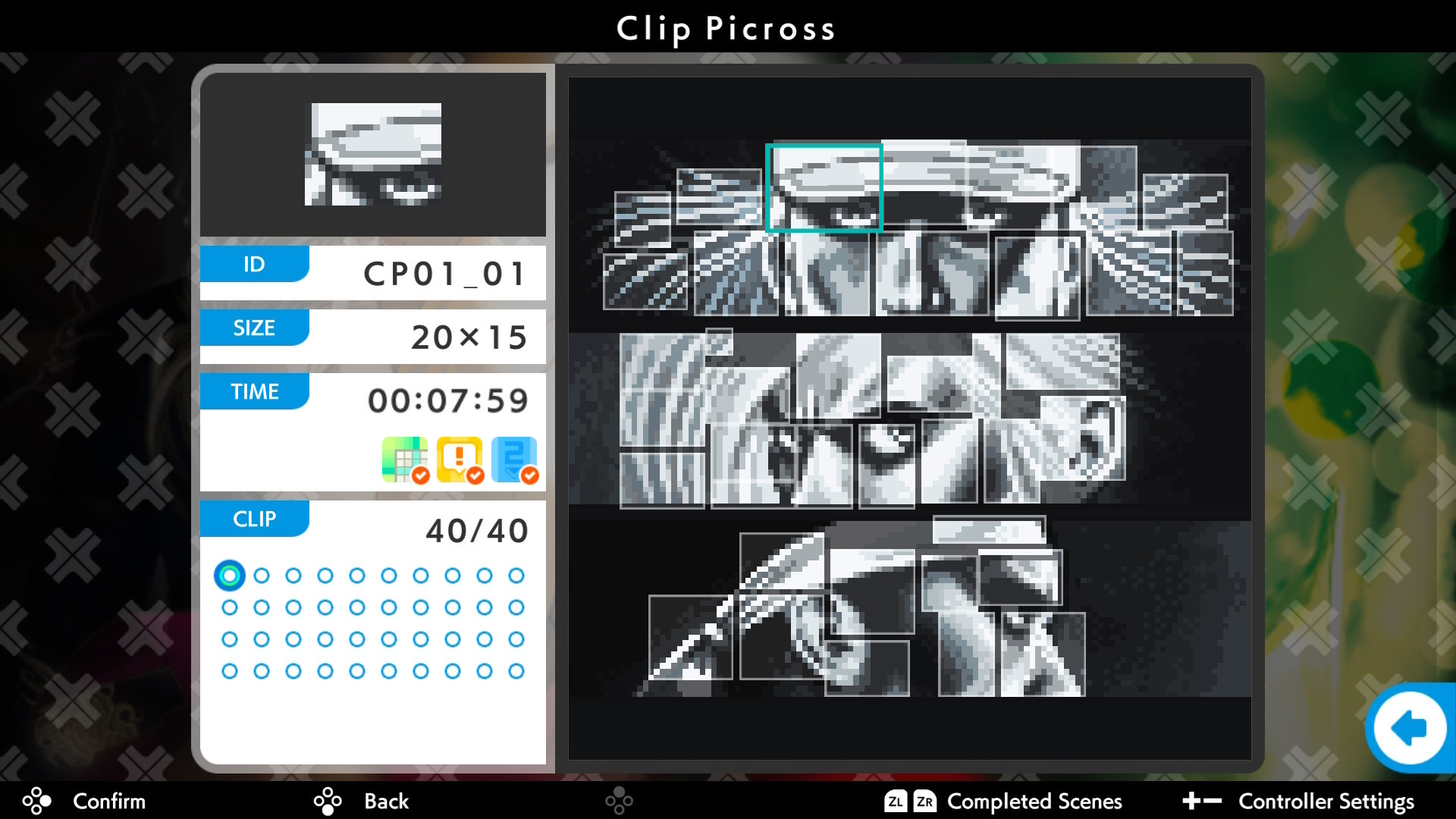 A screenshot from Picross S: SNK Classics &amp;amp; NEOGEO Edition showing a completed Clip Picross puzzle. The individual puzzle solutions combine to create a graphic featuring three characters from Fatal Fury.
