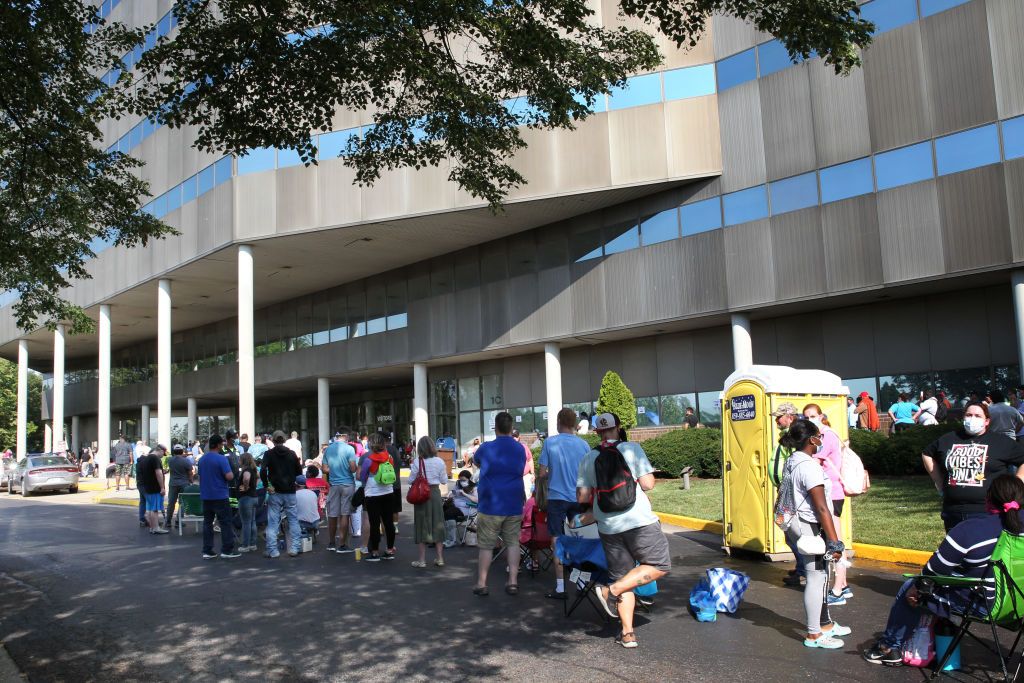 People wait for unemployment benefits in Kentucky.