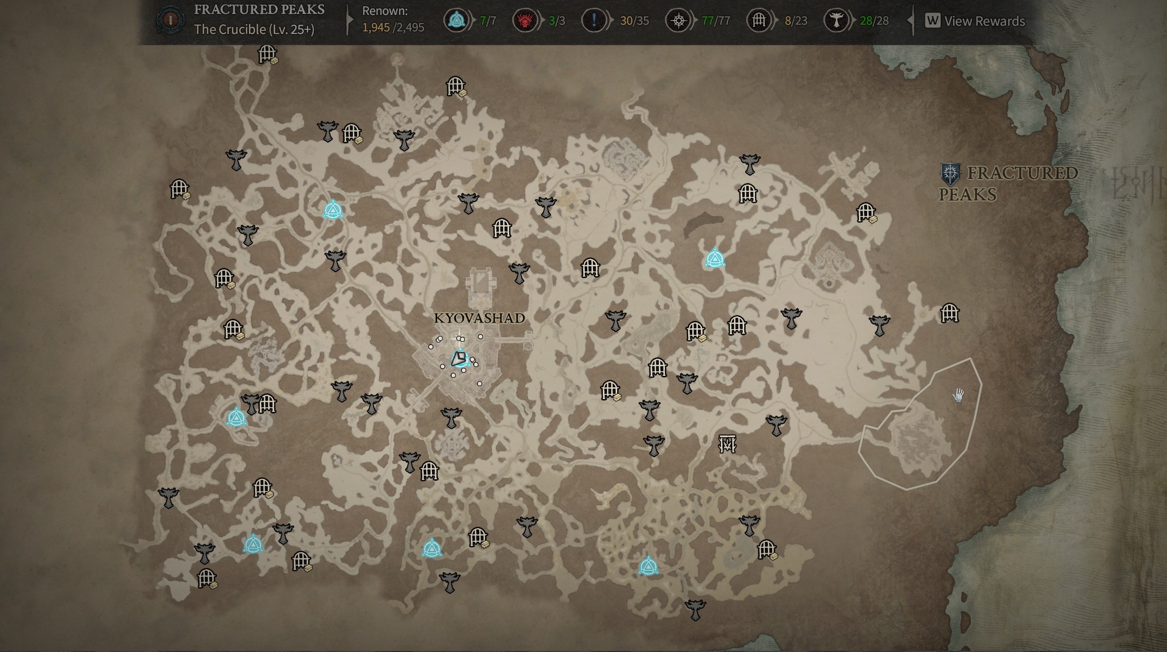 Diablo 4 full fractured peaks map showing all altar of lilith locations