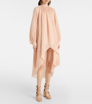 Vestido midi de georgette de seda con cuello anudado de Chloé