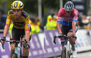 Composite image of Wout van Aert (L) and Mathieu van der Poel (R) finishing Gent-Wevelgem in eighth and ninth, respectively