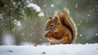 An image generated by Google Imagen 3 of a squirrel eating an acorn in the snow