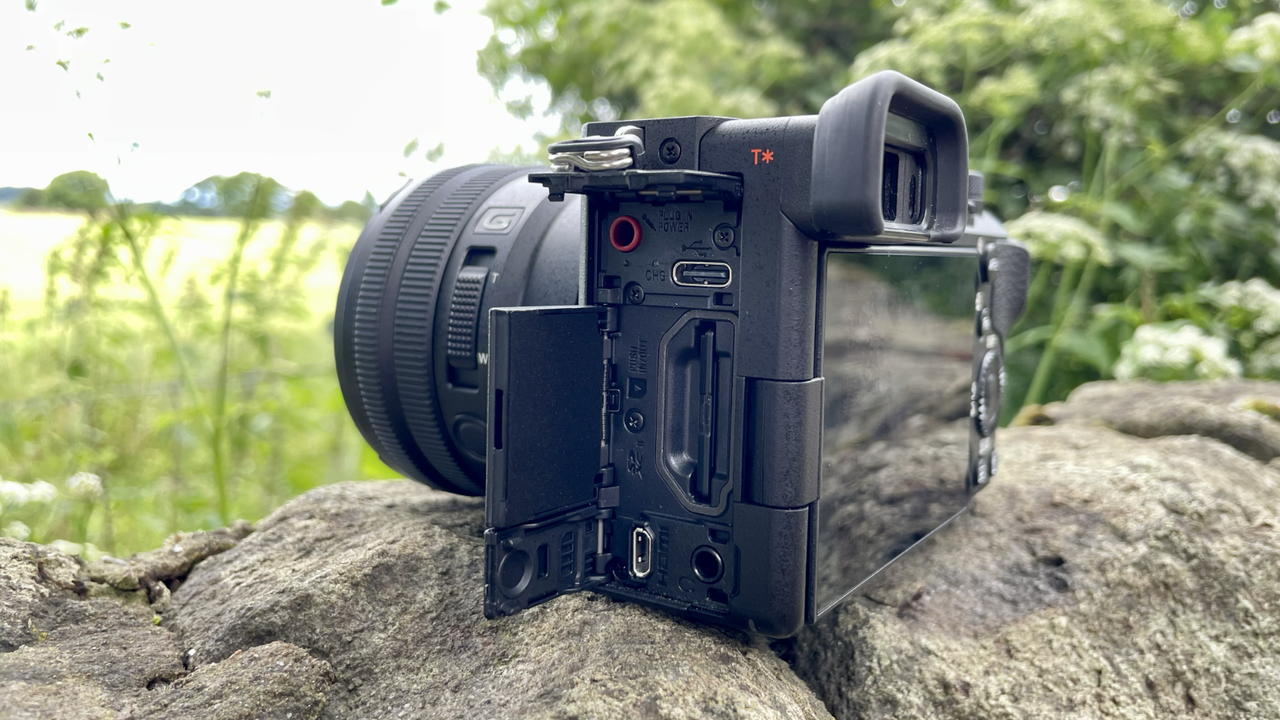 Sony Alpha A6700 mirrorless camera outside on a wall