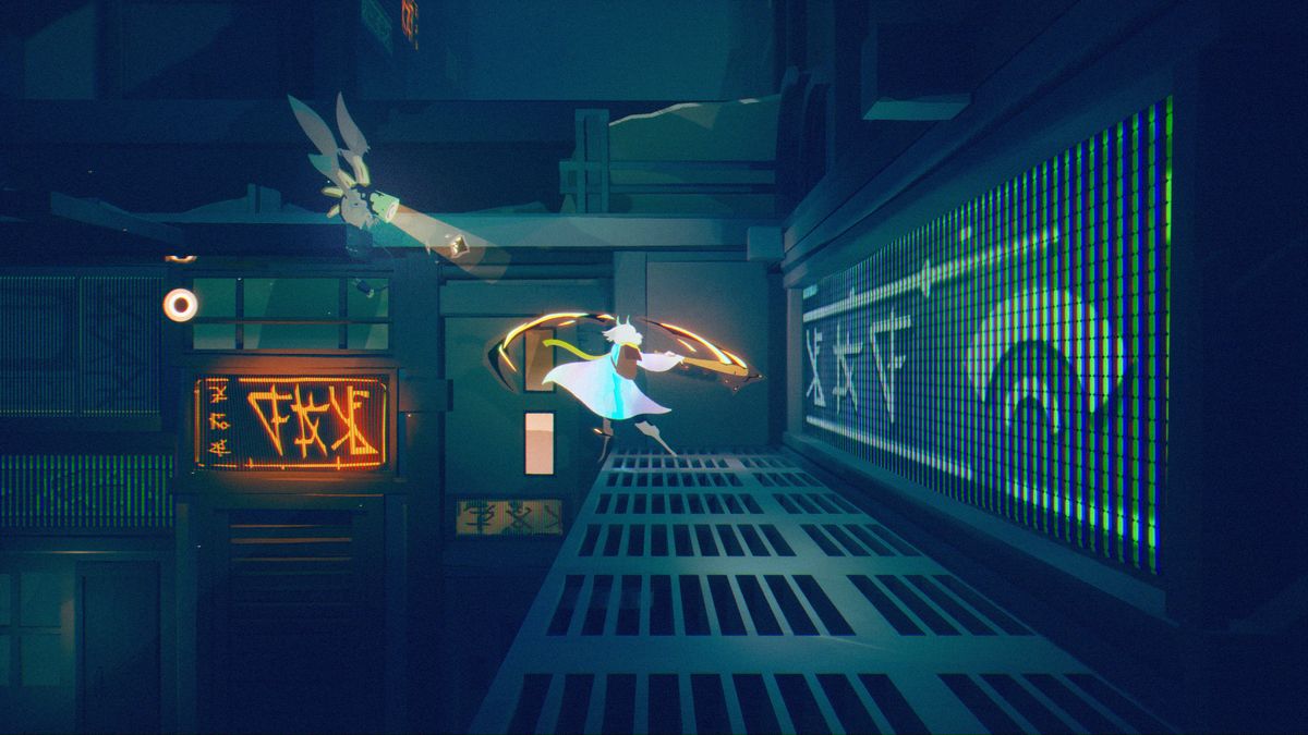 possessor protagonist platforming through cyberpunk city