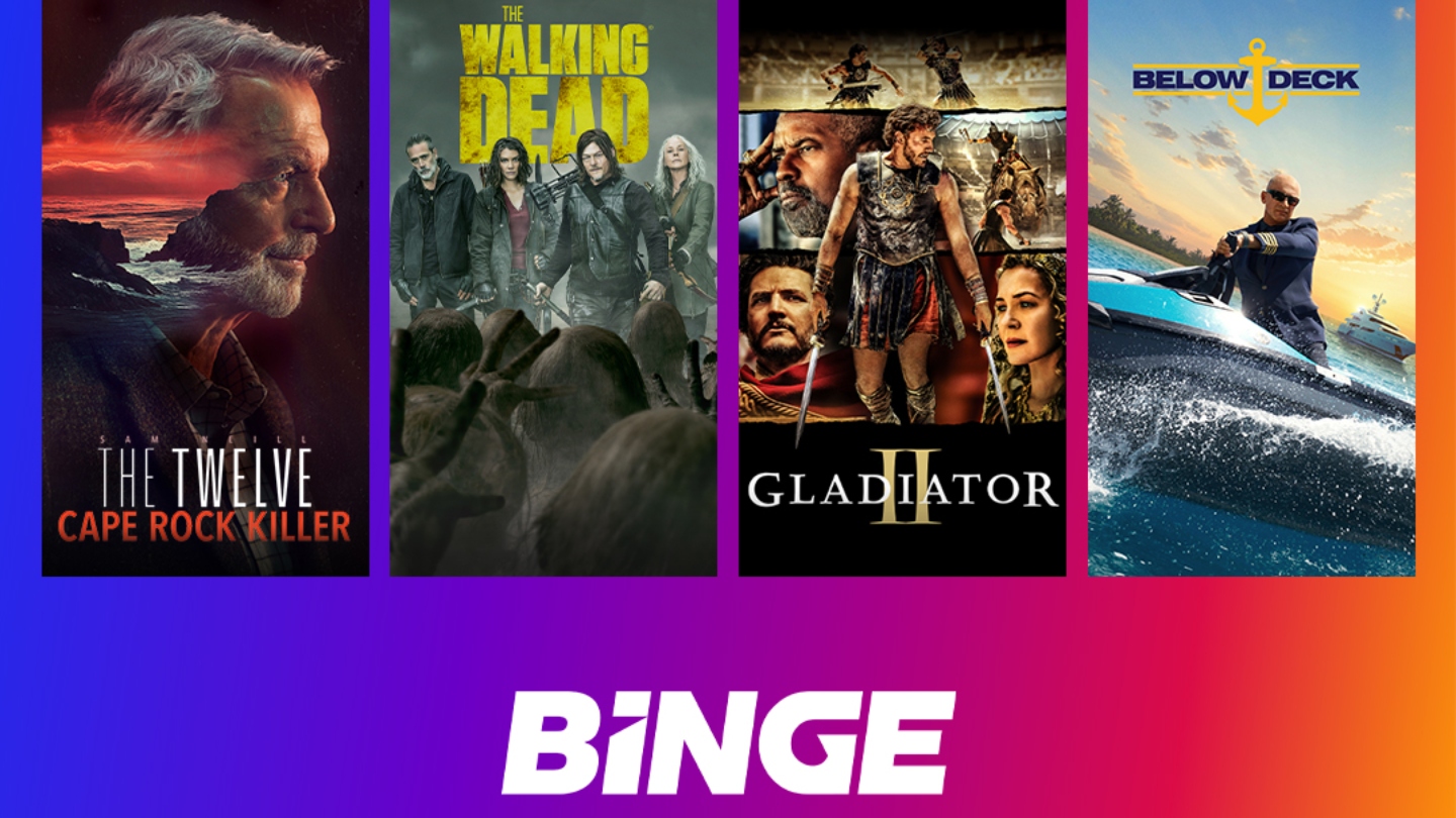 Images from four shows available on binge with Binge written in white below 