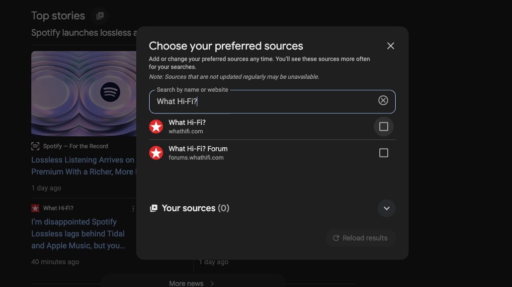 A screengrab of the Google preferred sources feature with What Hi-Fi? as a preferred source.