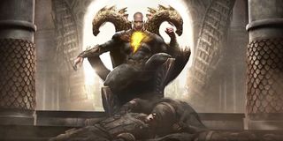 Dwayne Johnson sits on a throne in front of a pile of bodies in Black Adam.