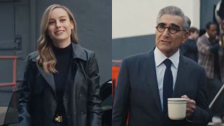 Brie Larson and Eugene Levy in the Super Bowl ad for Nissan.