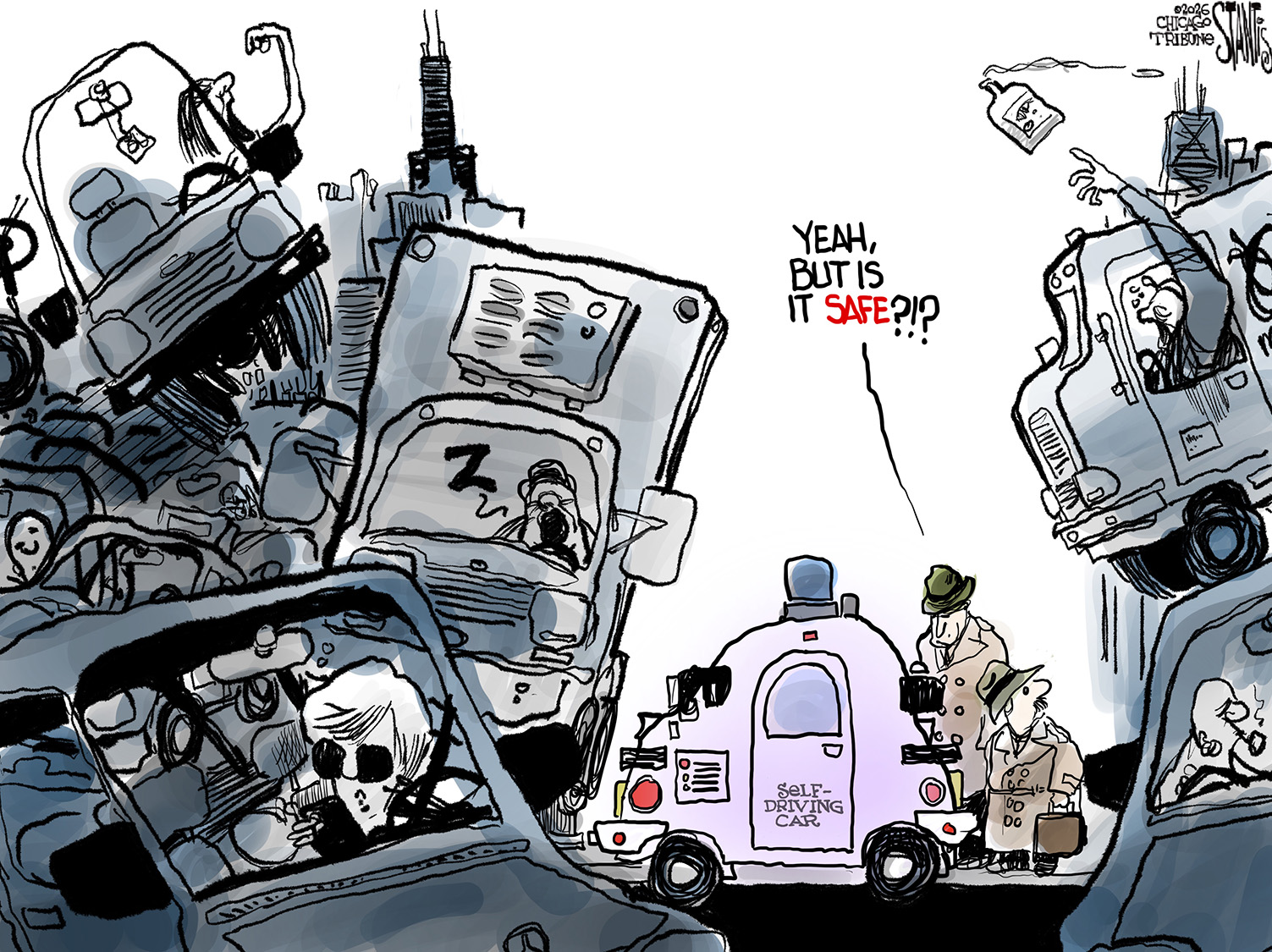 Two men look at a self-driving car and ask, &amp;ldquo;Yeah, but is it safe?!?&amp;rdquo; Meanwhile, they are surrounded by cars driven by real people that are sleeping, drinking, smoking, and screaming.