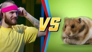 A split image of a man wearing a pink headband and yellow shirt about to take on a brown and white hamster.