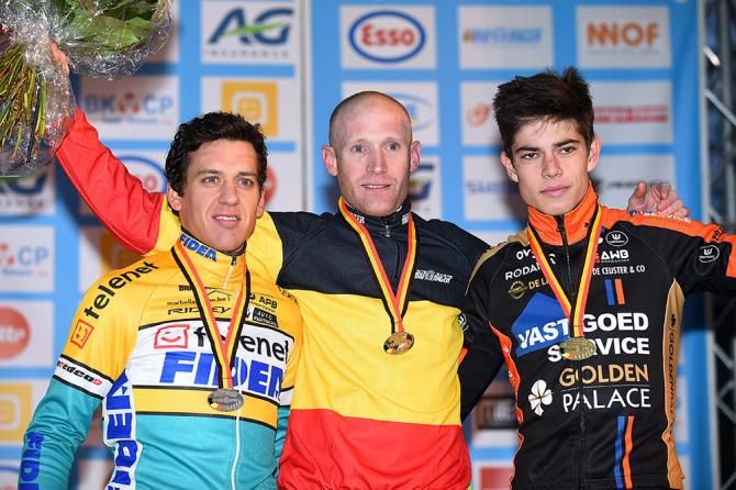 Klaas Vantornaout on the podium with Tom Meeusen and Wout Van Aert.