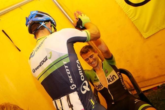 Michael Matthews congratulates Theo Bos