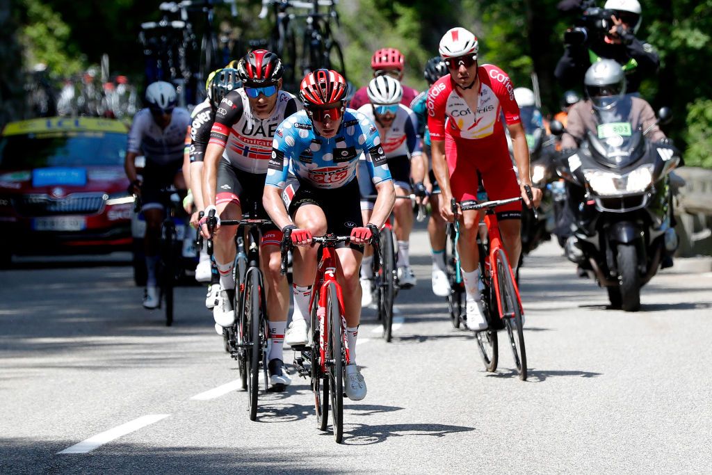 LE SAPPEYENCHARTREUSE FRANCE JUNE 04 Matthew Holmes of United Kingdom and Team Lotto Soudal Polka Dot Mountain Jersey Anthony Perez of France and Team Cofidis in breakaway during the 73rd Critrium du Dauphin 2021 Stage 6 a 1672km stage from LoriolsurDrome to Le SappeyenChartreuse 1003m UCIworldtour Dauphin dauphine on June 04 2021 in Le SappeyenChartreuse France Photo by Bas CzerwinskiGetty Images