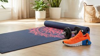 An AI-generated collection of home workout equipment such as a yoga mat, dumbbells and cross-training shoes in a well-lit living space