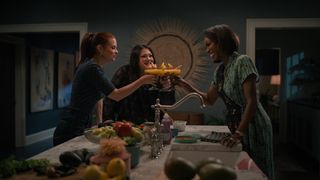 JoAnna Garcia Swisher as Maddie Townsend, Brooke Elliott as Dana Sue Sullivan and Heather Headley as Helen Decatur toasting in Sweet Magnolias season 4