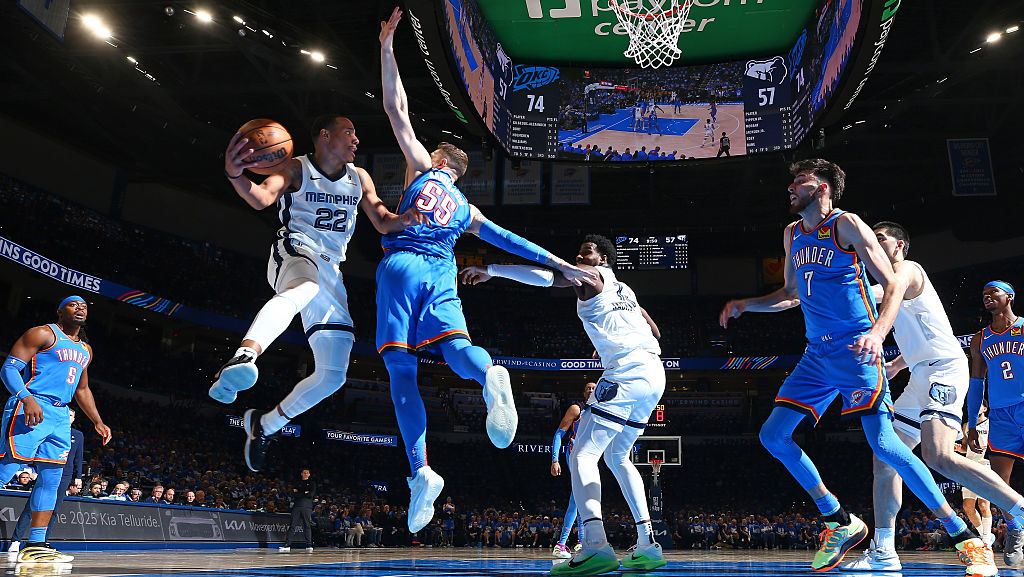 Desmond Bane #22 of the Memphis Grizzlies passes the ball during the game against the Oklahoma City Thunder during round 1 game 2 of the 2025 NBA Playoffs in April 2025