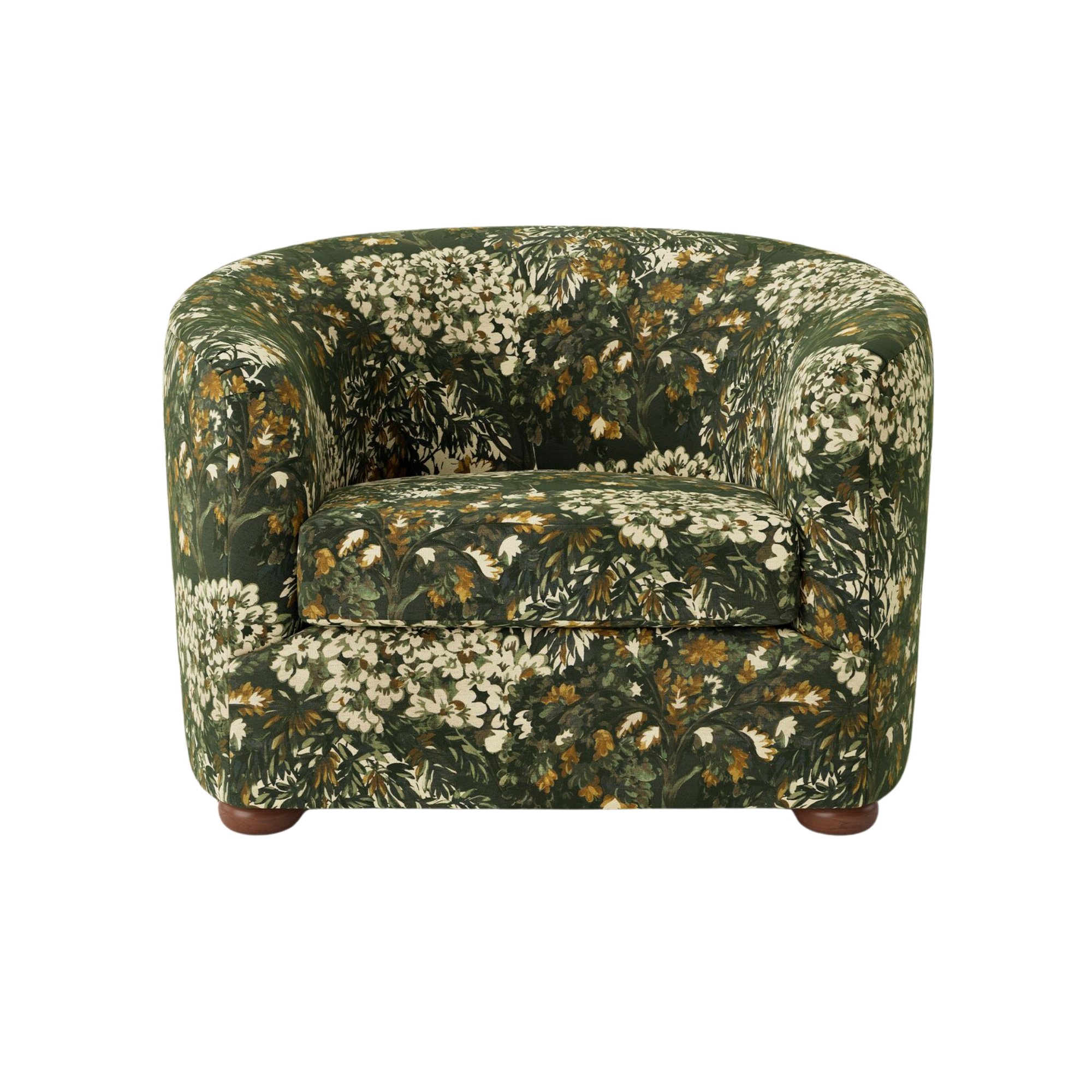 an accent chair made in a green, floral upholstery
