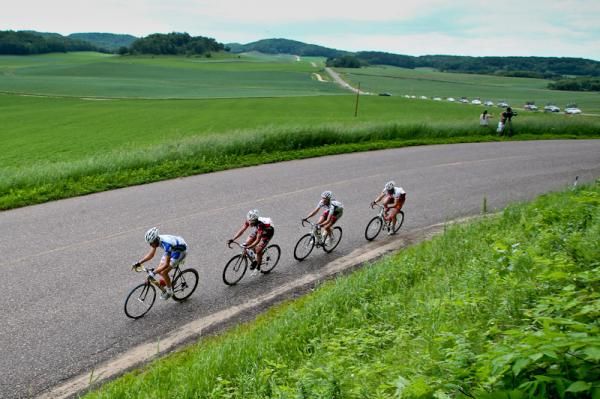 A group of riders gets a gap early in the race.