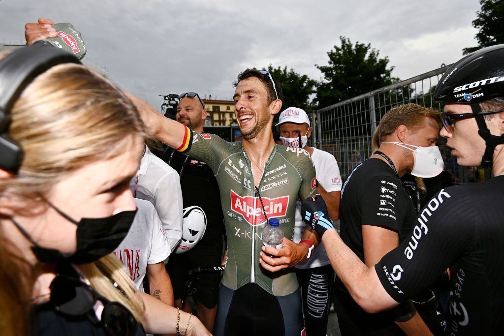 TREVISO, ITALY - MAY 26: Dries De Bondt of Belgium and Team Alpecin - Fenix celebrates winning during the 105th Giro d'Italia 2022, Stage 18 a 156km stage from Borgo Valsugana to Treviso / #Giro / #WorldTour / on May 26, 2022 in Treviso, Italy. (Photo by Tim de Waele/Getty Images)