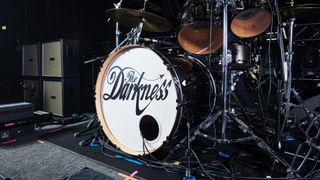 Rufus Taylor of The Darkness at his DW Collectors Series drum kit, January 2023