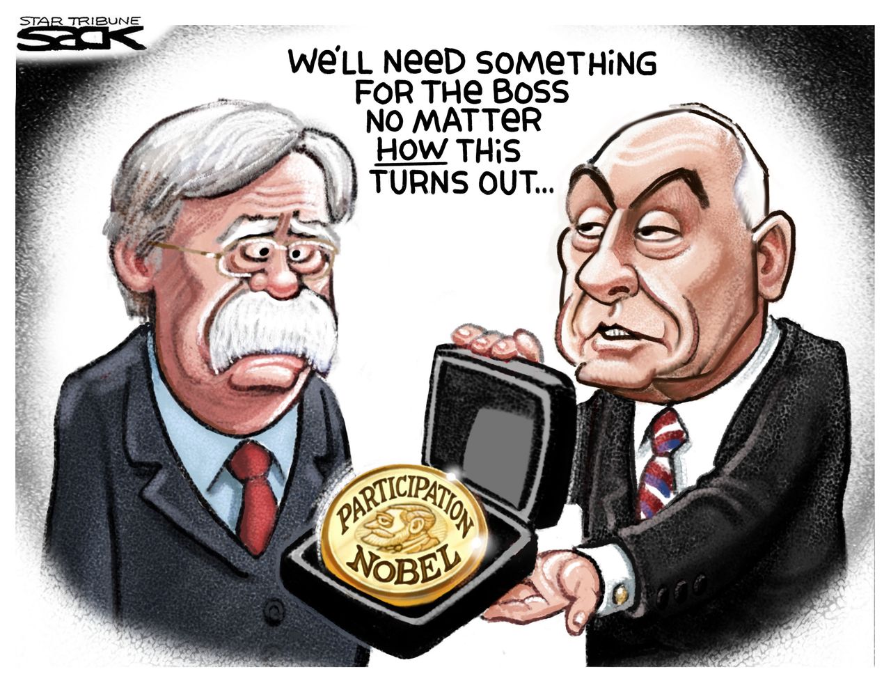 Political cartoon U.S. Trump Korea Summit Kim Jong Un Nobel Prize John Kelly John Bolton