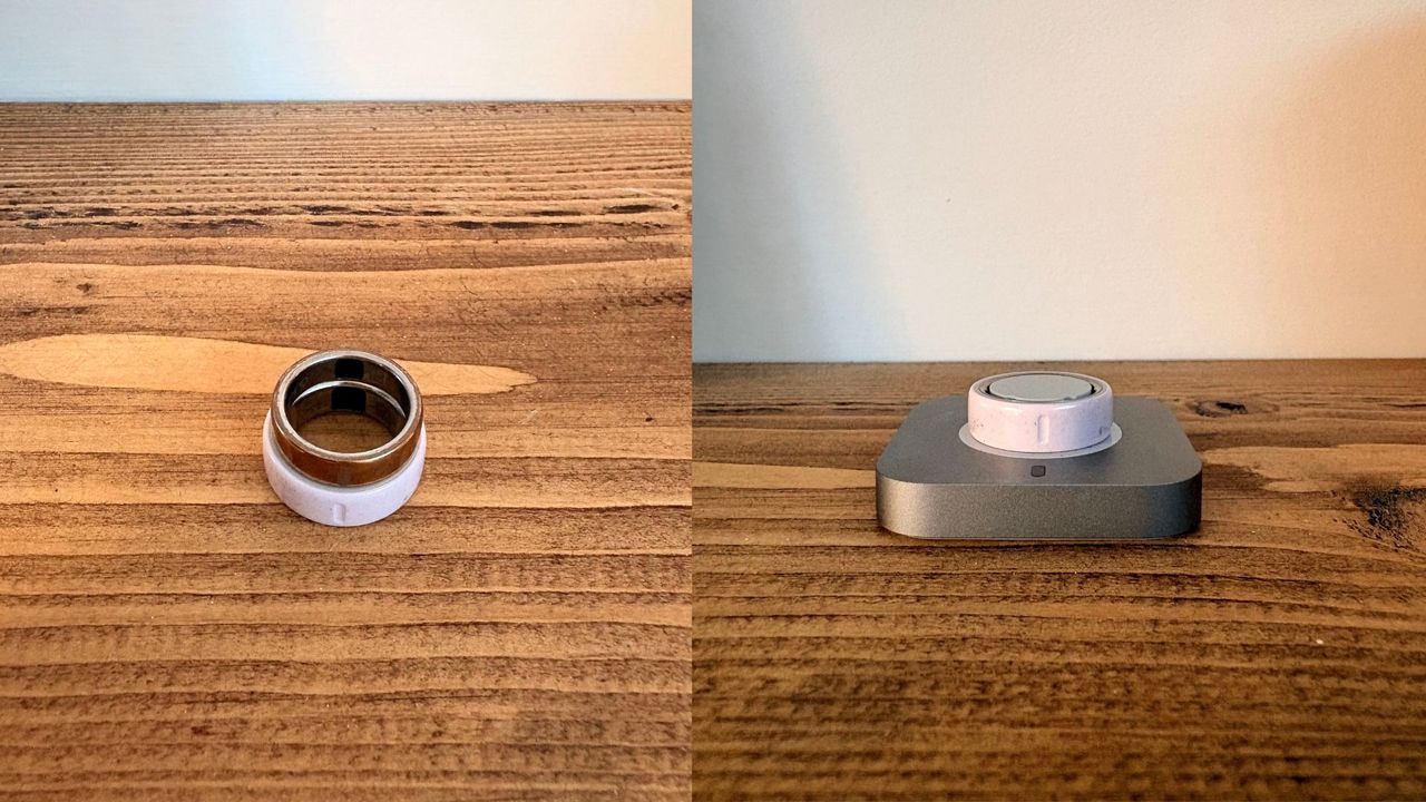 Oura Ring 4 ceramic charging and compared to Oura Ring 5 for size