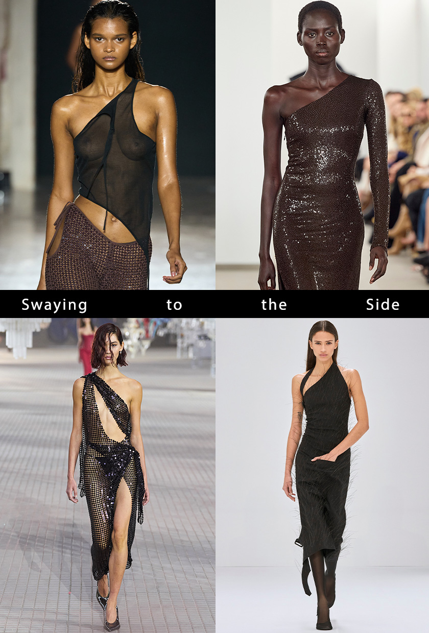 party trends of 2025 shown in a collage of models wearing the asymmetrical neckline trend in the fall and spring runway collections of Andreadamo, Michael Kors, Courrèges, and The Attico