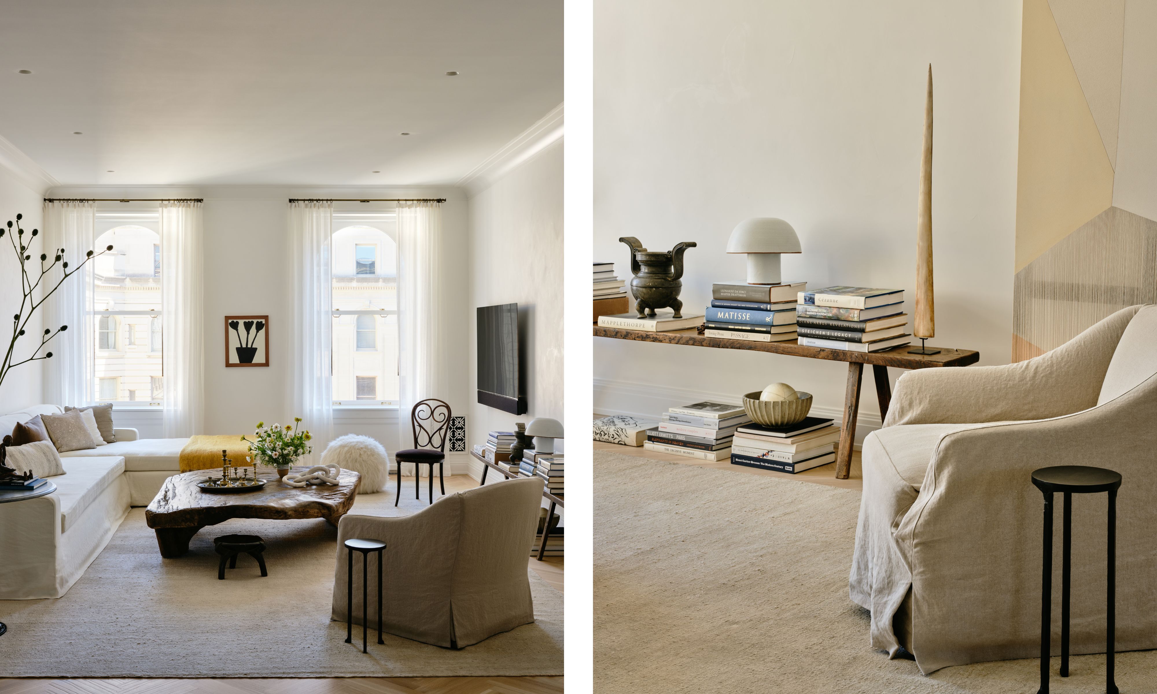 two pictures next to each other. On the left is a minimalist living room where everything is soft white. On the right is a detail of a bench with books piled on it and under it