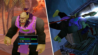 A split image of a casino bot proudly standing in Orgrimmar on the left, with a dead casino bot on the right.