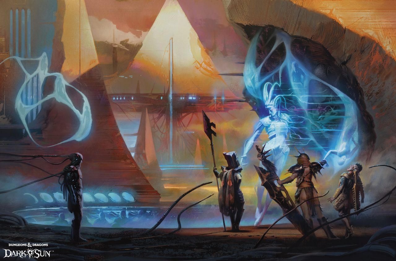 Warriors stand in front of a glowing spirit being emitted by technological pyramids