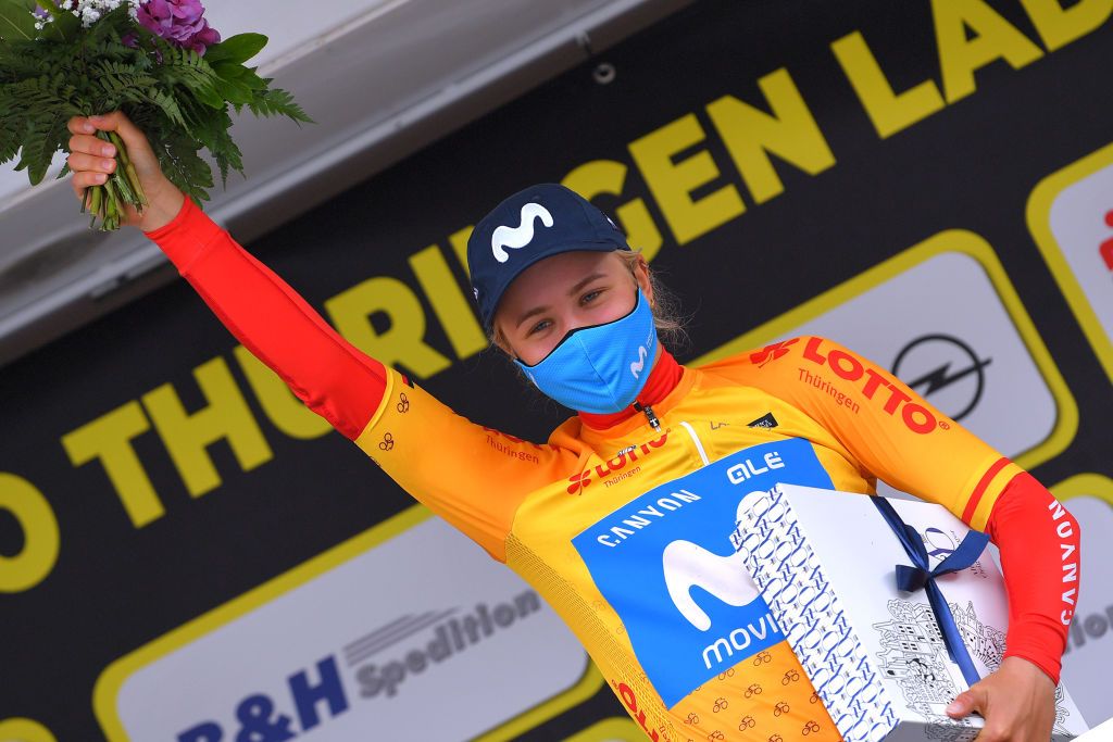 SCHMOLLN GERMANY MAY 25 Emma Norsgaard Jorgensen of Denmark and Movistar Team Yellow Leader Jersey celebrates at podium during the 34th Internationale LOTTO Thringen Ladies Tour 2021 Stage 1 a 899km stage from Schmolln to Schmolln Trophy ltlt2021 lottothueringenladiestour womencycling on May 25 2021 in Schmolln Germany Photo by Luc ClaessenGetty Images