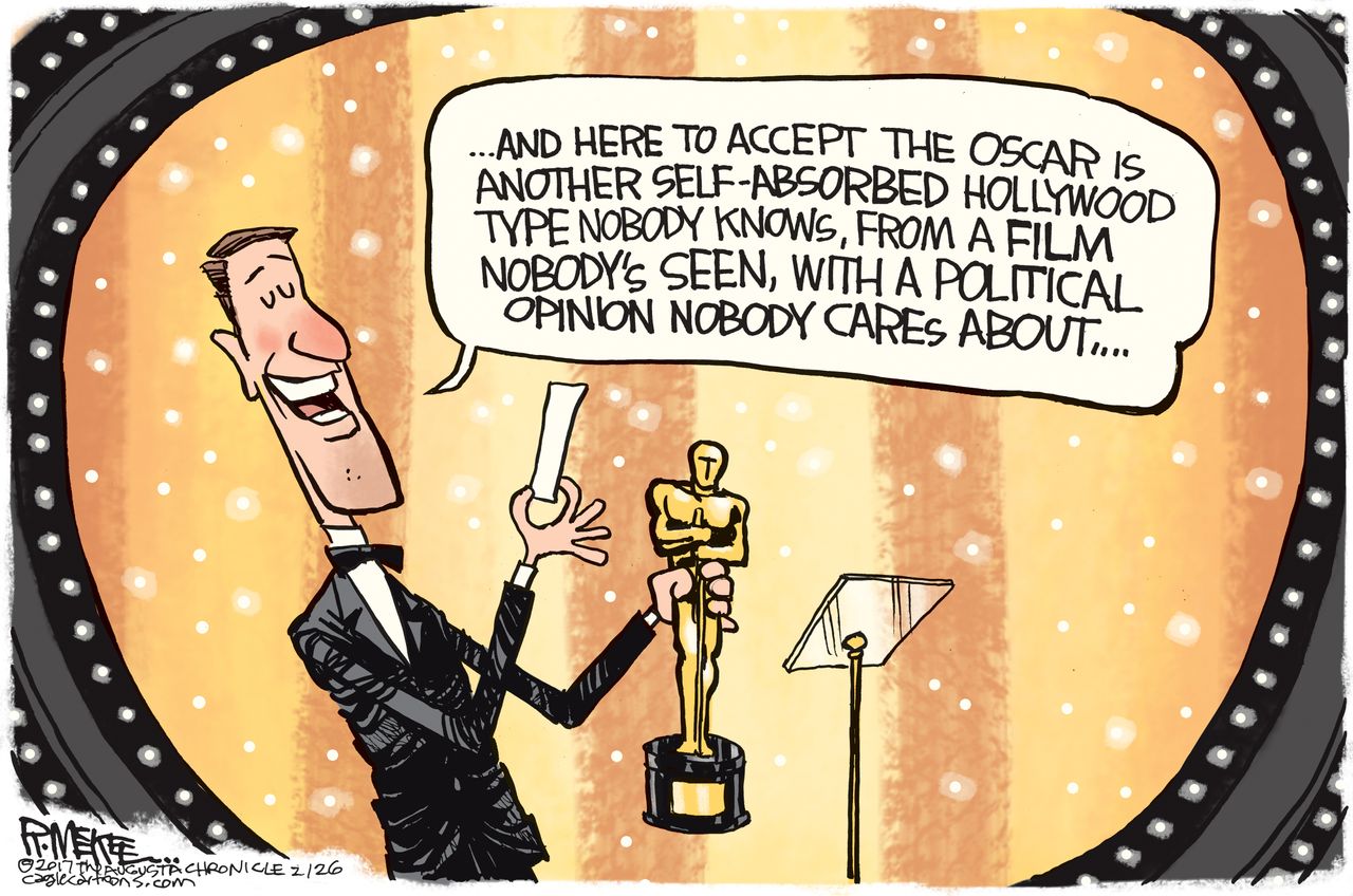 Political Cartoon U.S. Academy awards speeches political opinion celebrities Oscars